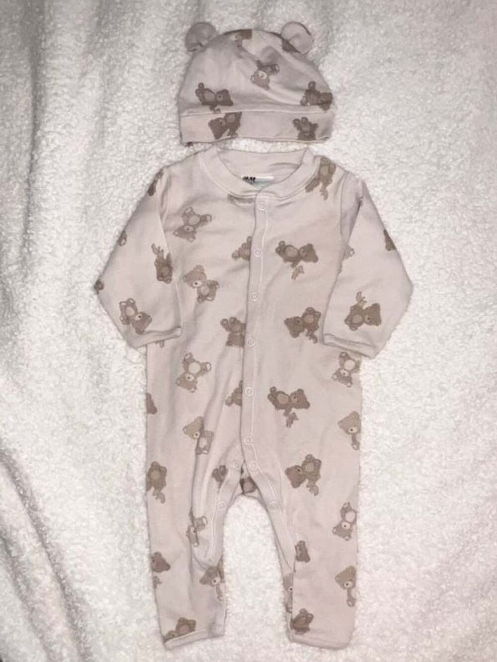 Teddy Bear Print Baby Jumpsuit and Hat Set